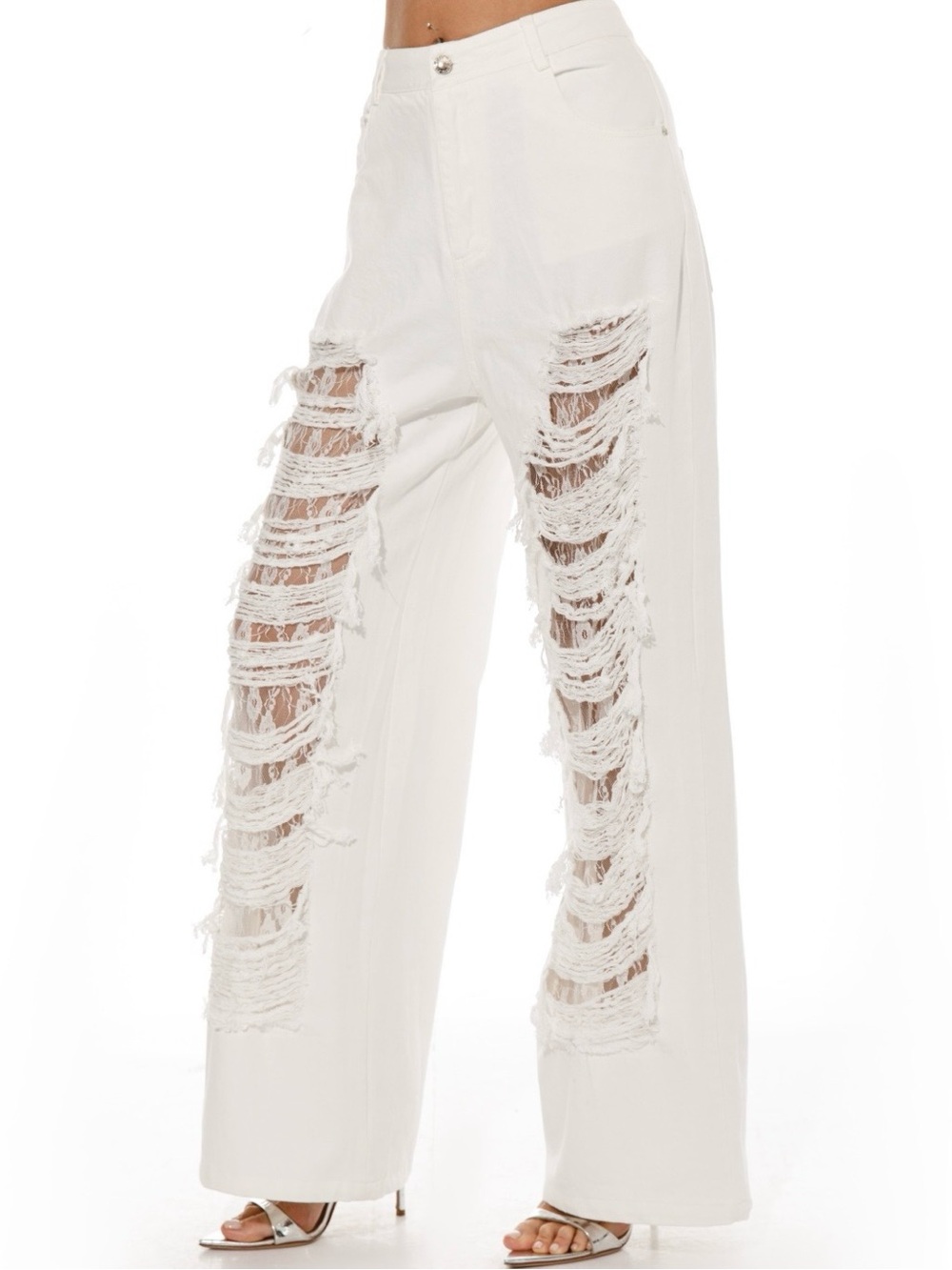 White Lace Detail Distressed Wide-Leg High-rise waist Statement Jeans